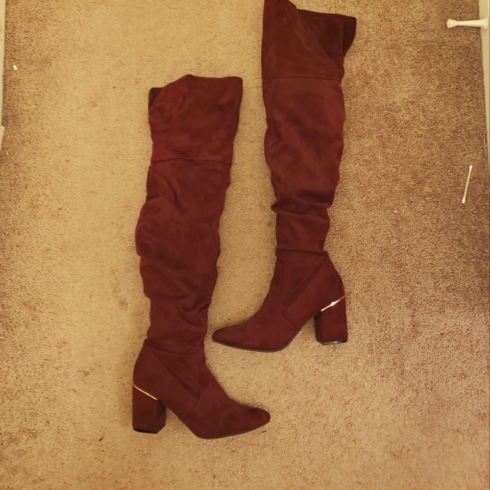 Burgundy over the knee faux suede boots, size 9